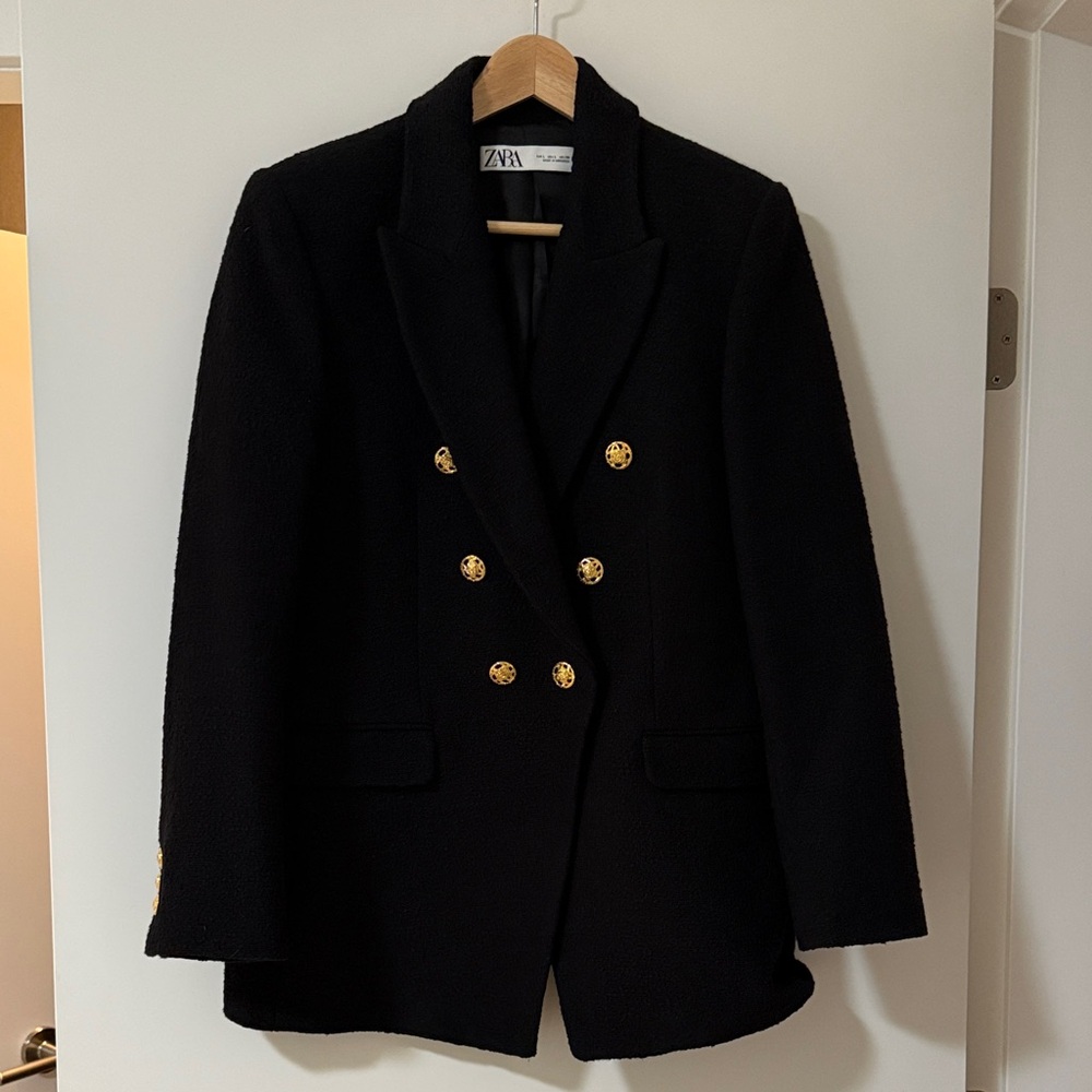 Zara Black Tweed Blazer with Gold Accents